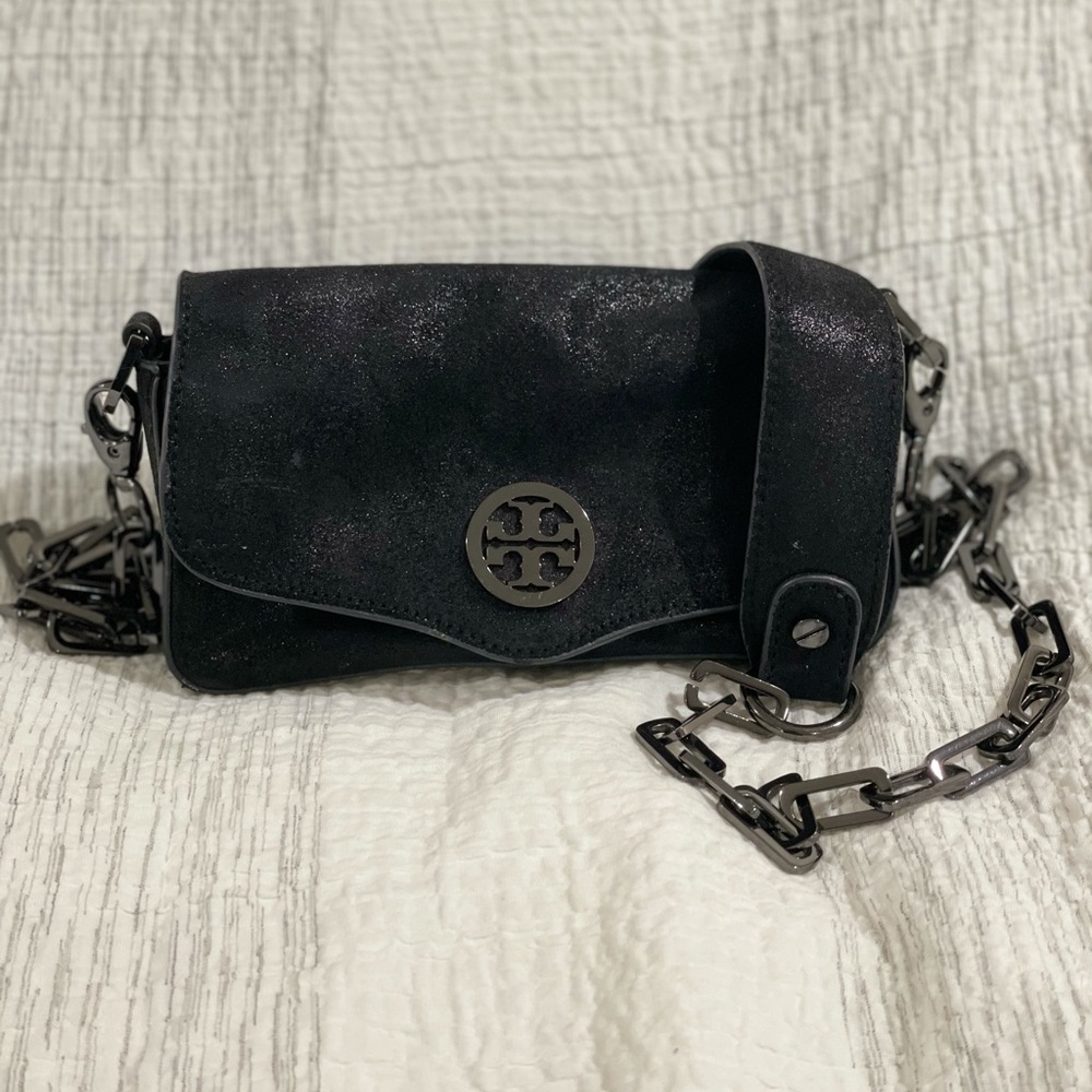 Tory Burch black metallic suede crossbody